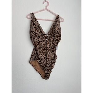 Michael Kors One Piece Swimsuit 14 Brown Leopard NEW V-Neck Ring Ruched MM7M530